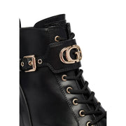 Guess women black polyurethane lace up ankle boot with gold tone buckle and logo detail in leather texture