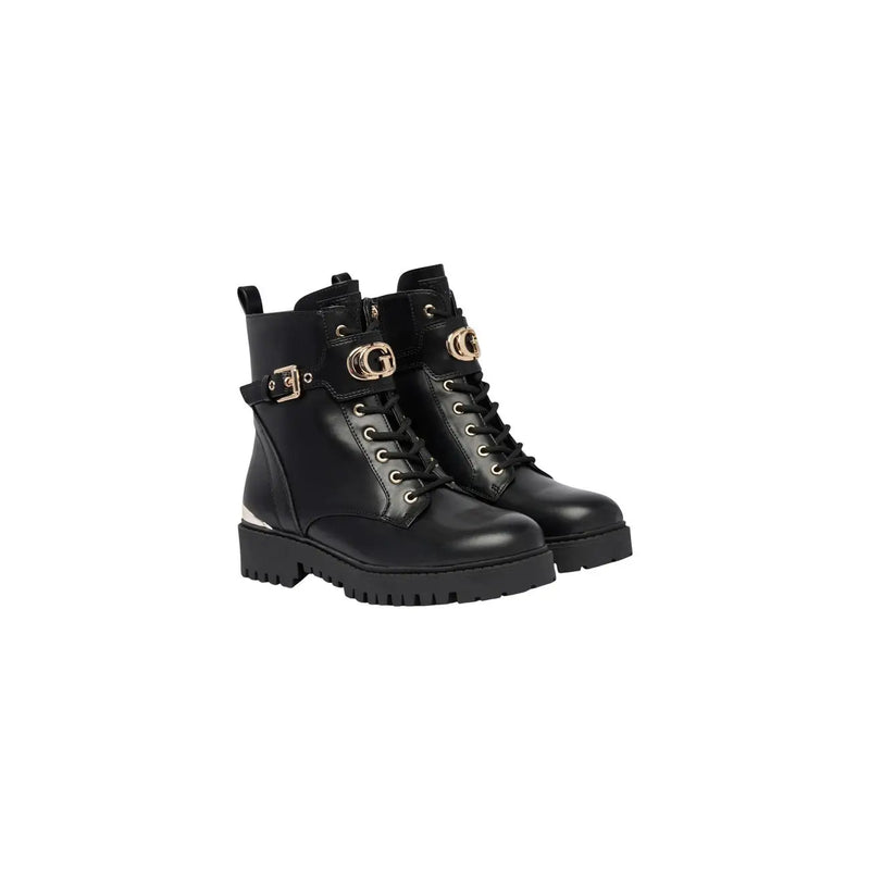 Guess women black polyurethane lace up ankle boots with gold-tone buckle accents and chunky sole in leather combat style