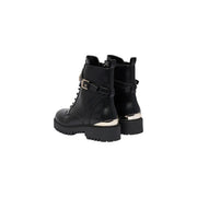 Guess women black polyurethane ankle boots with black patent leather silver buckle and heel accents