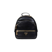 Guess Women Black Polyurethane Zip Rucksack showcasing a black faux leather mini backpack with gold-tone hardware