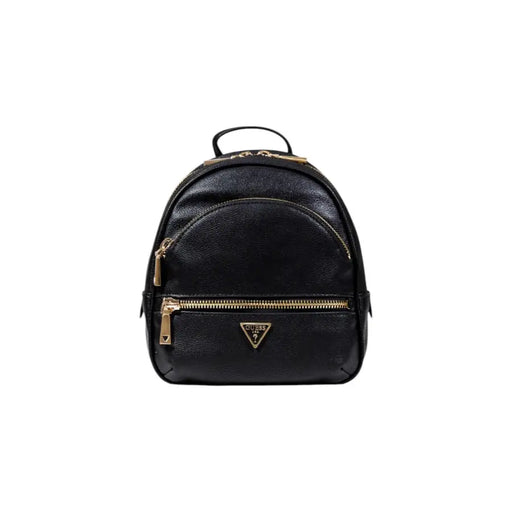 Guess Women Black Polyurethane Zip Rucksack showcasing a black faux leather mini backpack with gold-tone hardware