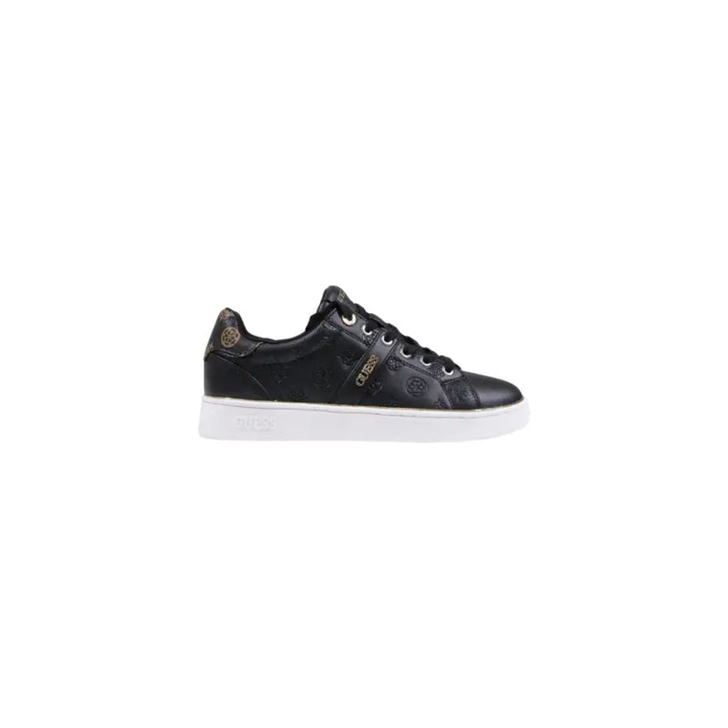 Guess women black print slip on sneakers in polyurethane with glossy finish and subtle gold logo detailing on side heel and tongue