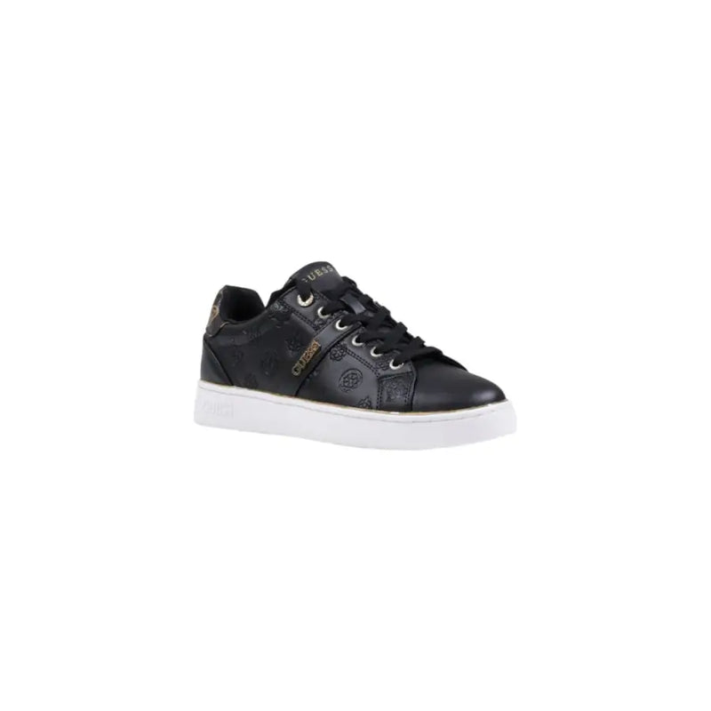 Black guess women slip on polyurethane sneaker with subtle embossed logo pattern and white rubber sole