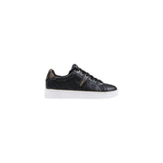 Guess women black print slip on sneakers in polyurethane with glossy finish and subtle gold logo detailing on side heel and tongue