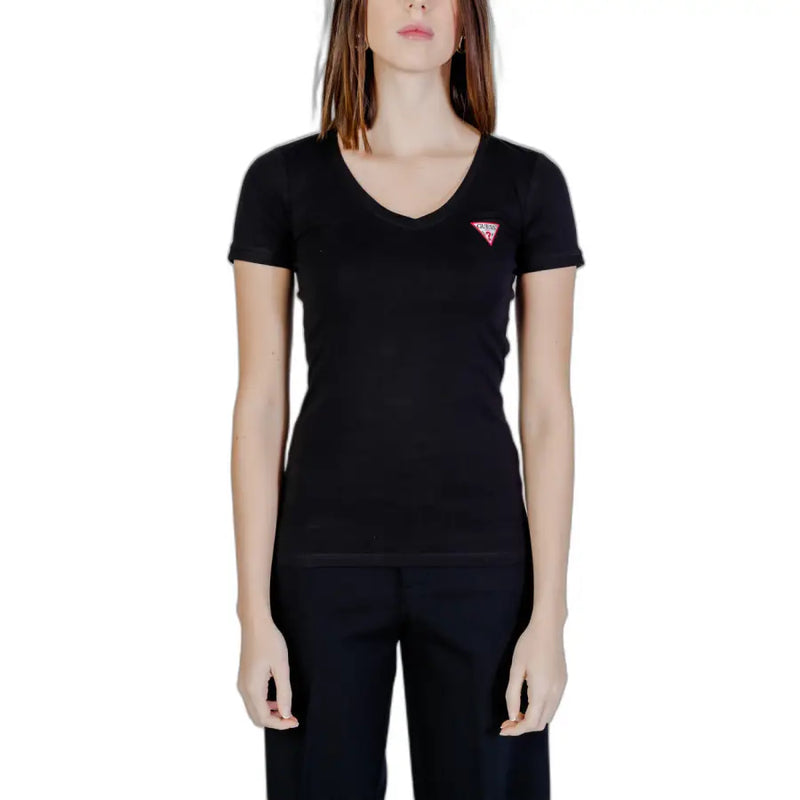 Guess Women black V-neck short-sleeve cotton T-shirt with pink logo