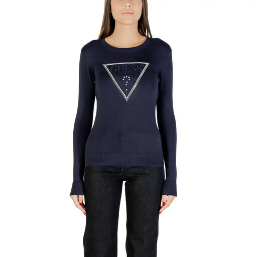 Women’s navy blue long-sleeved t-shirt with rhinestone triangle logo from Guess Women Knitwear collection