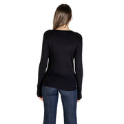 Women’s black long-sleeve knitwear with asymmetrical hem and rhinestone details