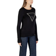 Black long-sleeved Guess T-shirt with sparkling triangular logo and rhinestone details