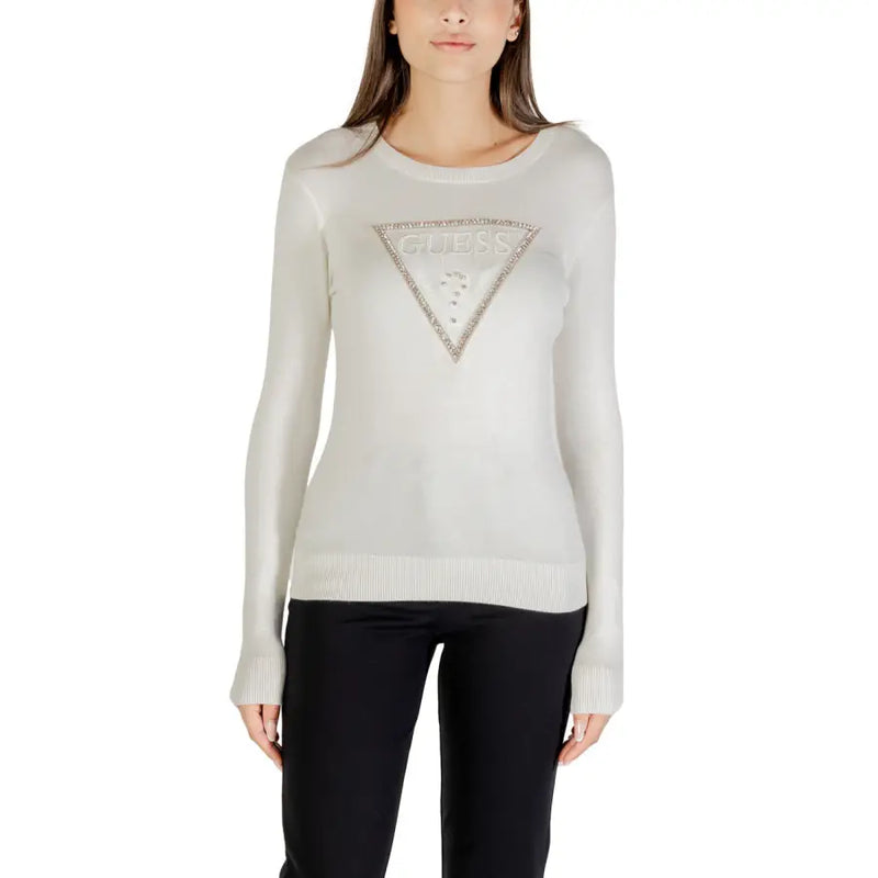 Women’s off-white long-sleeve sweater with sparkly triangular logo and rhinestones