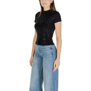 Guess women black short turtleneck t shirt with a textured glittery surface for fall winter wear