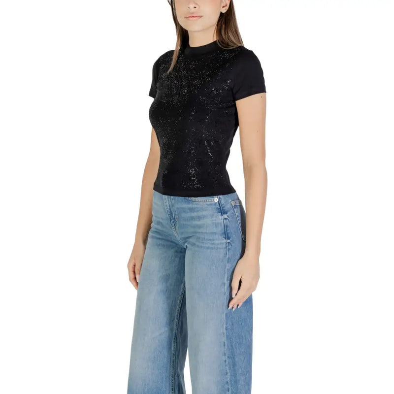 Guess women black short turtleneck t shirt with a textured glittery surface for fall winter wear