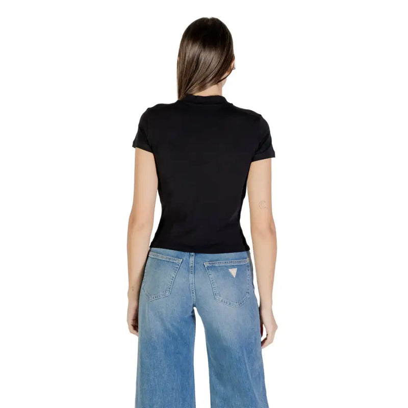 Guess women black short-sleeved polo shirt with ribbed collar and snug fit suitable for fall and winter wear