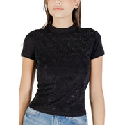 Guess women black short turtleneck t shirt with short sleeves and sparkling geometric embellishments for fall winter