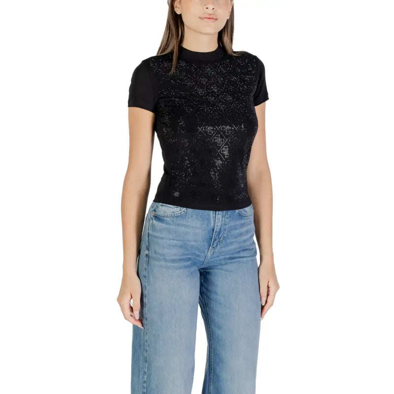 Guess women black short turtleneck t shirt with high neckline and silver glitter embroidery for fall winter wear