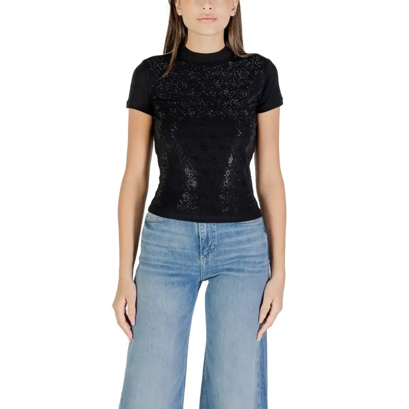 Guess women black short-sleeved turtleneck t shirt with sparkling textured embellishments on the chest for fall winter