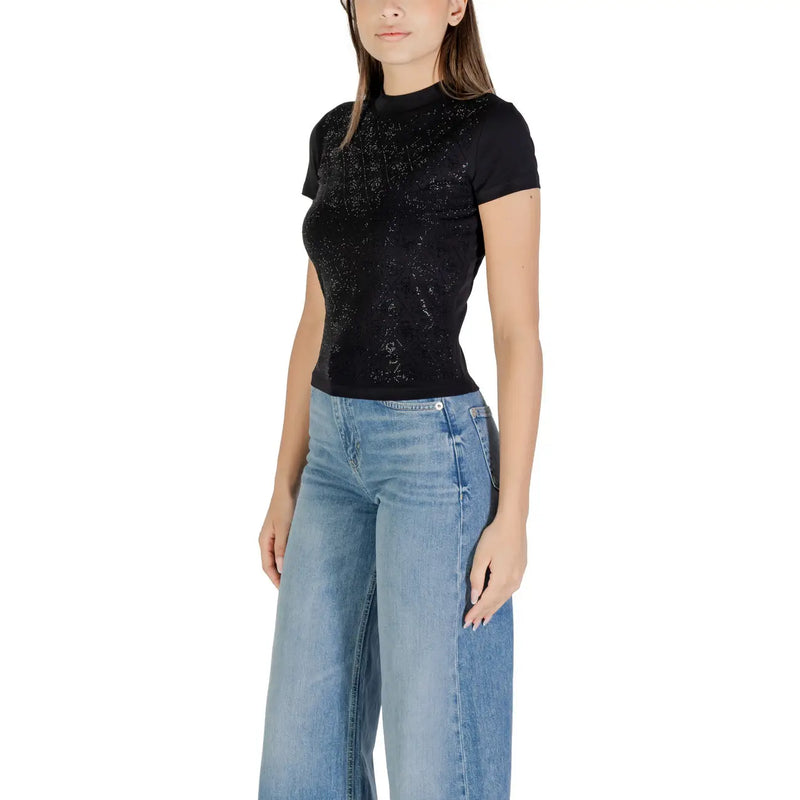 Guess women black short turtleneck t shirt with a textured glittery surface for fall winter wear