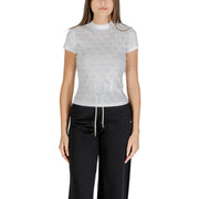 White lace mock-neck short-sleeve T-shirt with drawstring hem for women