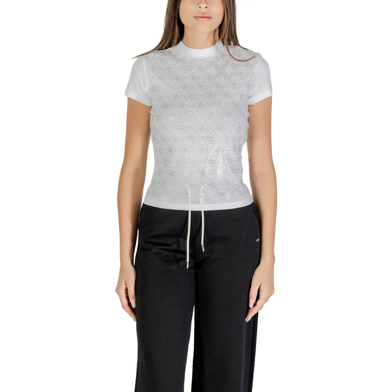 White lace mock-neck short-sleeve T-shirt with drawstring hem for women