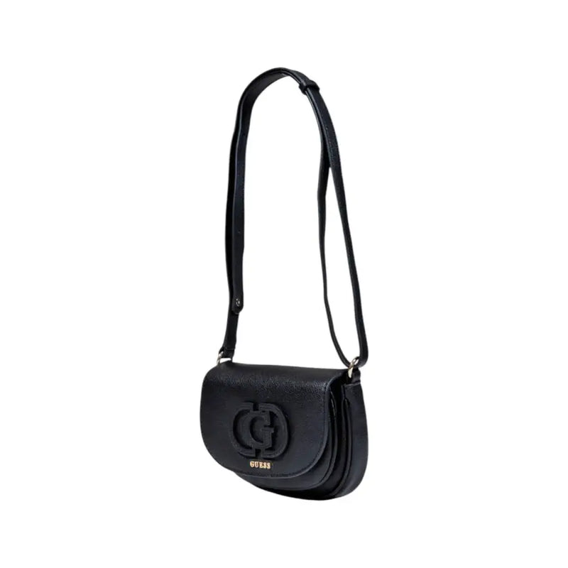 Black Guess crossbody bag with curved flap and embossed G logo for women Fall Winter