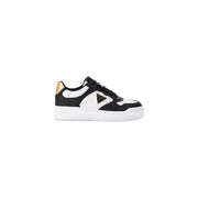Guess women black platform sneakers with white sole gold heel tab and triangular logo patch made of polyurethane