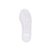 White rubber sole with embossed Guess logo and textured tread pattern on back side of black polyurethane women sneakers