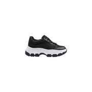 Guess women black leather sneakers with thick white and black rubber sole and synthetic lace up design