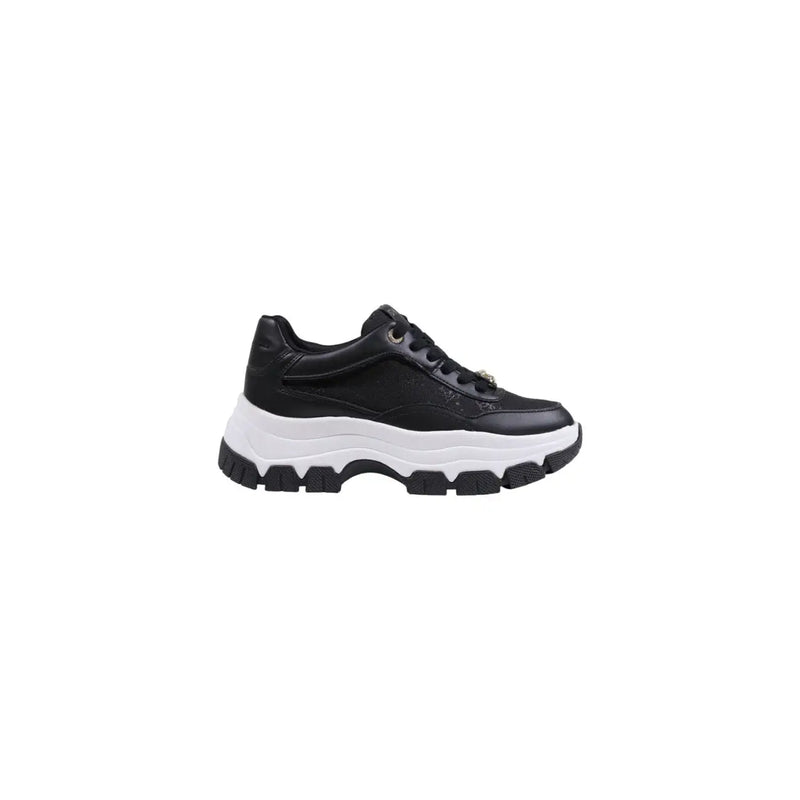Guess women black leather sneakers with thick white and black rubber sole and synthetic lace up design