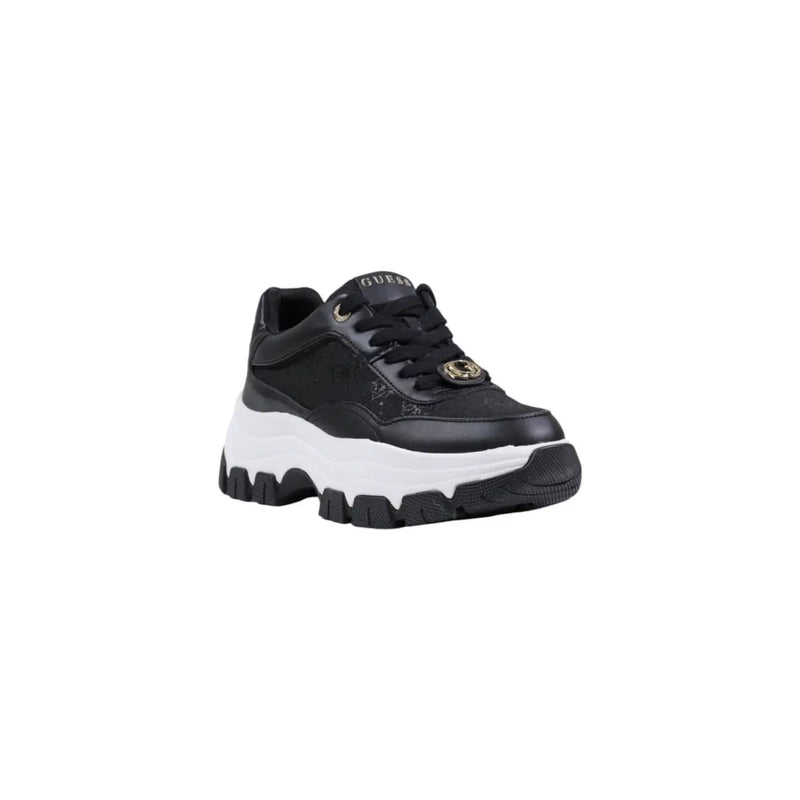 Black Guess women chunky sneaker synthetic lace up with white rubber sole and gold tone eyelets