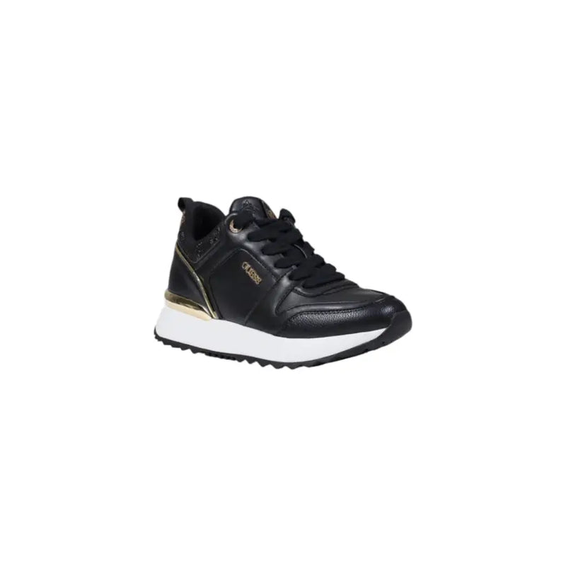 Guess women black leather sporty slip on sneakers with gold accents and white rubber sole for fall winter use