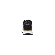 Guess women black sporty slip on leather sneakers with gold logo detailing and white midsole for fall winter wear