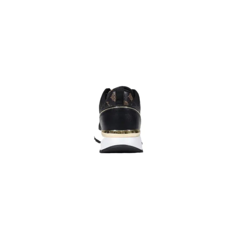 Guess women black sporty slip on leather sneakers with gold logo detailing and white midsole for fall winter wear