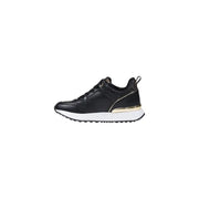 Guess women black leather sporty slip on sneaker with white sole and gold metallic midsole accent for fall winter