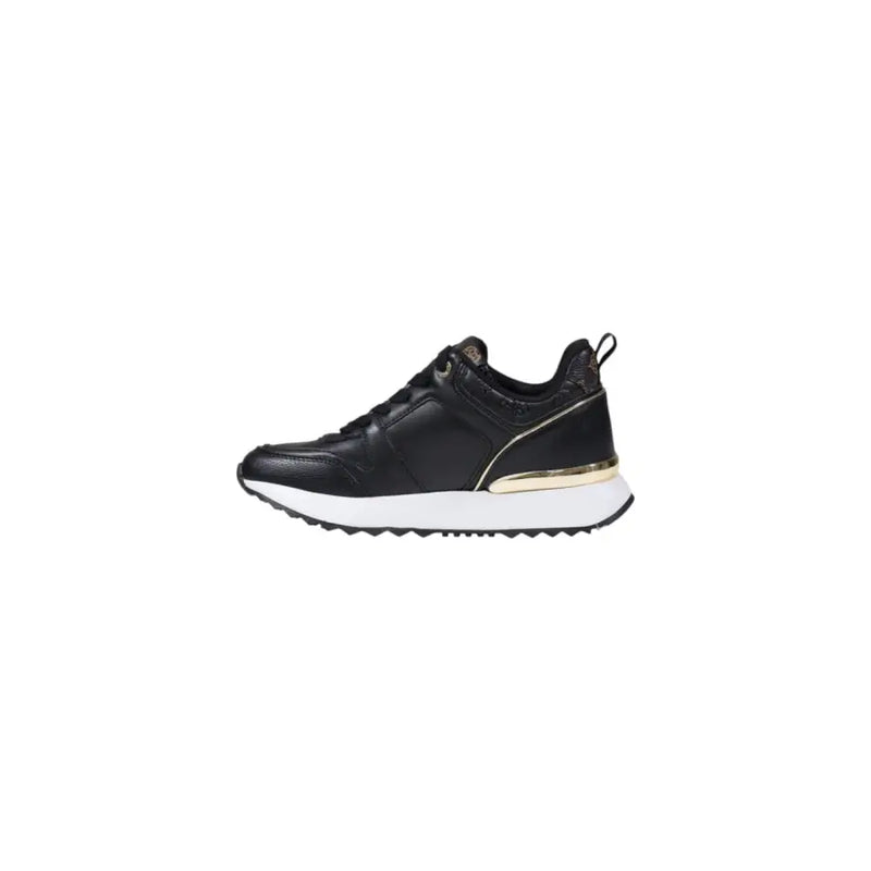 Guess women black leather sporty slip on sneaker with white sole and gold metallic midsole accent for fall winter