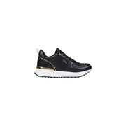 Black Guess women sporty slip on sneaker with gold accents and white rubber sole for fall winter wear