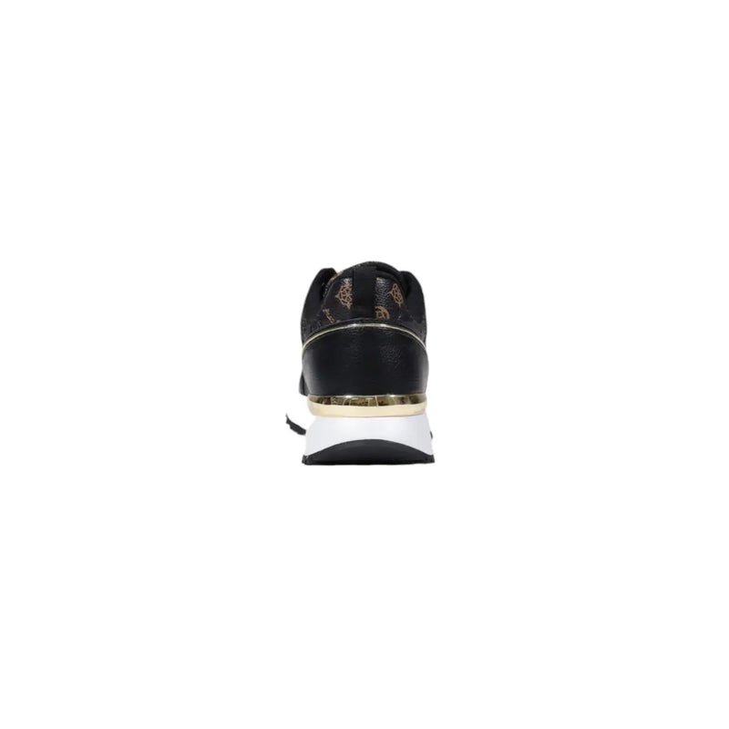 Guess women black sporty slip on leather sneakers with gold logo detailing and white midsole for fall winter wear