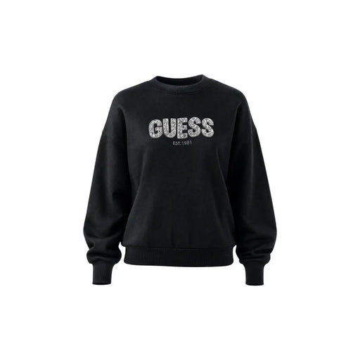 Black Guess women sweatshirt in viscose blend featuring a sparkling silver Guess est logo on the front