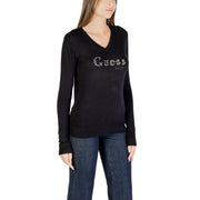 Black Guess women v-neck knitwear sweater made of viscose with sparkling rhinestone lettering across the chest