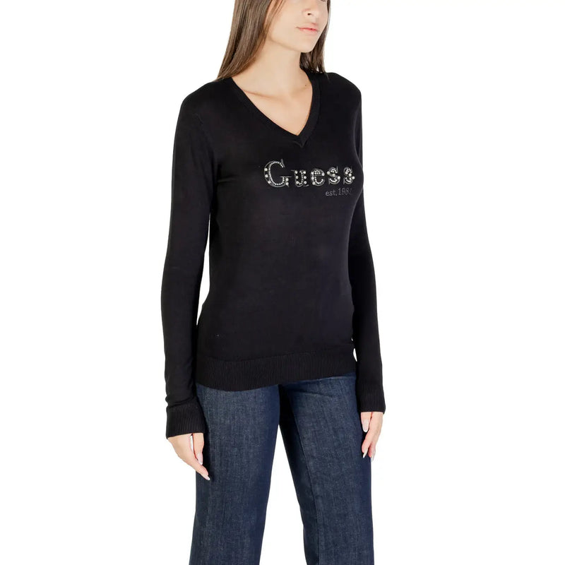Black Guess women v-neck knitwear sweater made of viscose with sparkling rhinestone lettering across the chest