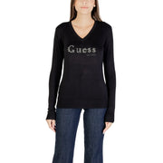 Guess women black v-neck knitwear sweater with sparkling rhinestone lettering ribbed cuffs viscose fabric