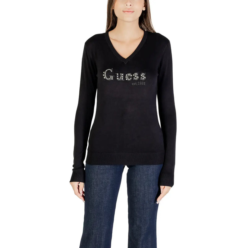 Guess women black v-neck knitwear sweater with sparkling rhinestone lettering ribbed cuffs viscose fabric