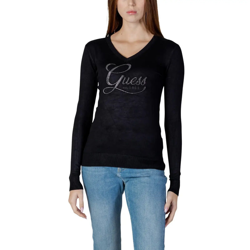 Guess Schwarzer Damen-Strickpullover mit V-Ausschnitt und Strasssteinen, verziert mit einem silbernen Strass-Logo auf der Vorderseite