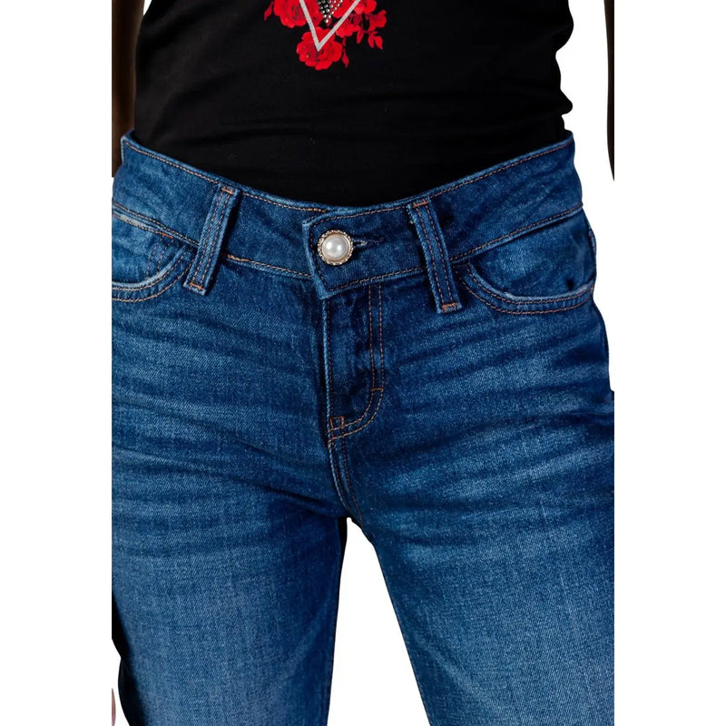 Guess women blue cigarette denim jeans with pearl-button front closure in cotton blend fabric