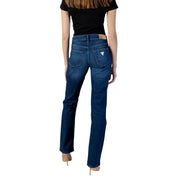 Back side of dark blue cotton blend Guess women cigarette denim jeans with classic straight-leg cut and logo pocket