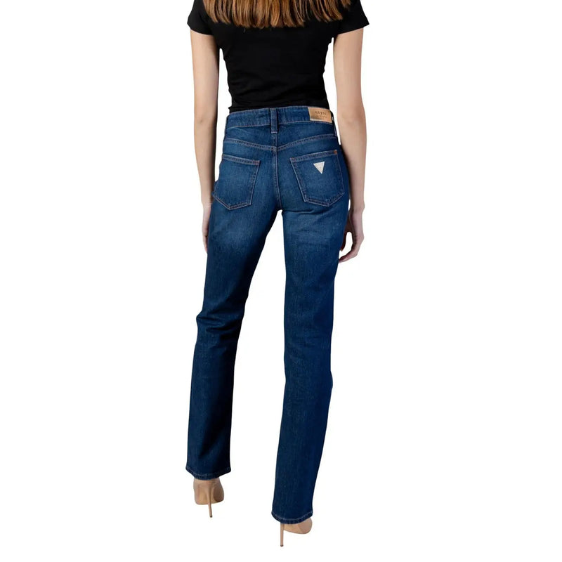 Back side of dark blue cotton blend Guess women cigarette denim jeans with classic straight-leg cut and logo pocket