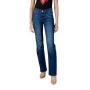Guess women blue cigarette denim jeans in dark wash with classic straight-leg cut and visible stitching details cotton blend