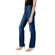 Guess women blue cigarette denim jeans with a dark wash, straight-leg cut, five-pocket design, and cotton blend fabric