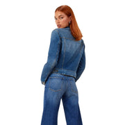 Guess women blue cotton blazer ivy jacket in blue denim with classic stitching and slightly faded wash visible from the front