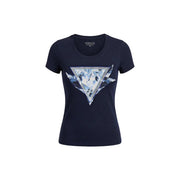 Navy blue Guess Women cotton round neck short sleeve t shirt with a triangular abstract icy blue and silver graphic
