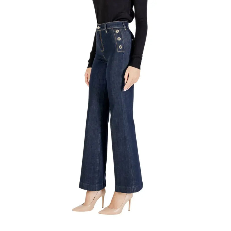 High-waisted dark wash flare jeans with decorative buttons from Guess Women Blue Jeans Fall Winter collection