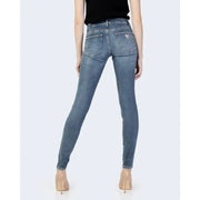 Back view of guess women blue slim-fit light-wash denim jeans with classic embroidered logo fall winter collection